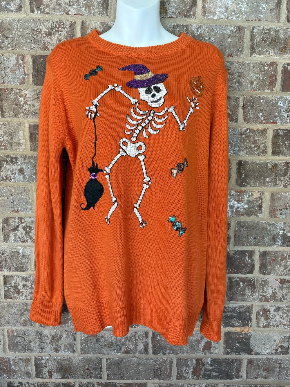 Halloween‎ Sequined Skeleton Orange Crewneck Sweater Size M Happy Halloween Poof